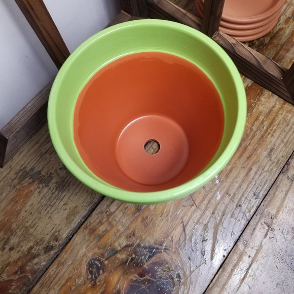 Hand Painted Green Trim 6" Flower Pot with Decoupaged Daisies on Blue Background - Picture 7 of 7